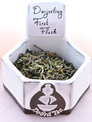 A close-up of Darjeeling First Flush leaves. They are small, tightly curled into spiraling tubes, and range in color from dark green to pale green with a few hints of brown tossed in.