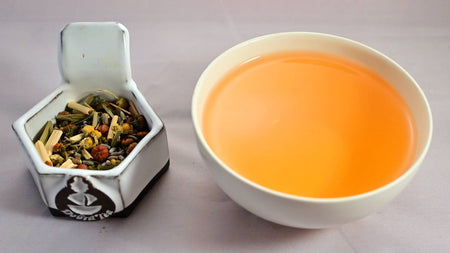 A side-by-side comparison of the Eternal Spring blend and steeped tisane. On the left, the blend prominently features lemongrass, lavender, and chrysanthemum. On the right, the steeped tisane is bright orange.