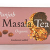 The Punjab Masala Tea box is a rosy-pink. It features masala spices and rolled black tea together in a yin-yang shape, with cardamom seeds toward the bottom left. Text reads: "Punjab. Masala Tea. Organic. Cardamom Added"