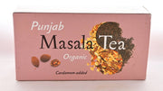 The Punjab Masala Tea box is a rosy-pink. It features masala spices and rolled black tea together in a yin-yang shape, with cardamom seeds toward the bottom left. Text reads: "Punjab. Masala Tea. Organic. Cardamom Added"
