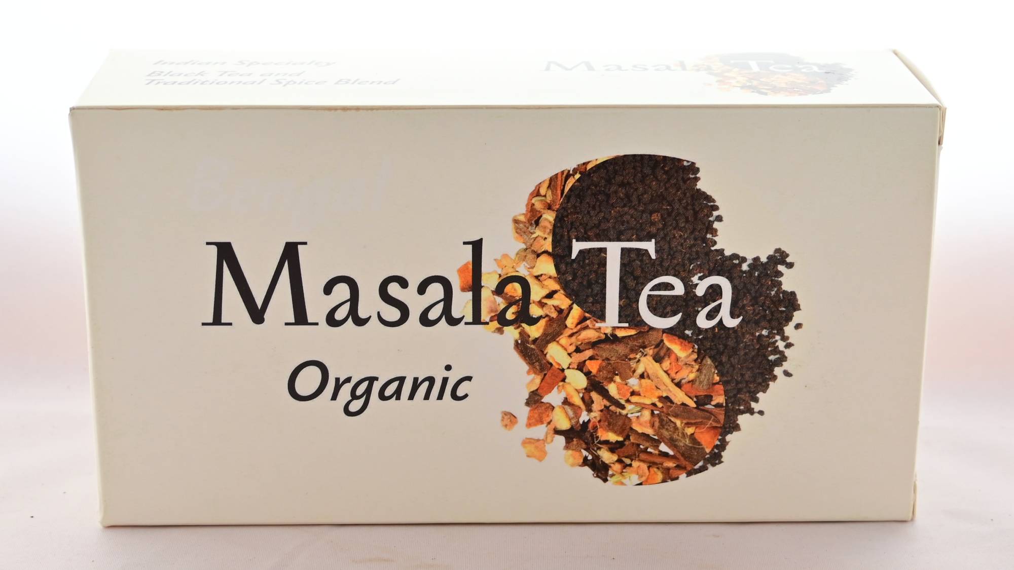 The Organic Masala Tea box is an off-white cream. It features masala spices and rolled black tea together in a yin-yang shape. Text reads: "Masala Tea. Organic."