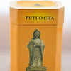 The Putuo Fo Cha box is orange and squared. On the lid, black text reads: "Putuo Cha." below, on the body, a statue of a woman holding her right palm up and adorned with jewelry is shown.